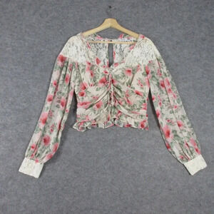 Fate Women's Ruched Floral Lace Crop Top Long Sleeve Ruffle Casual Pink M 178